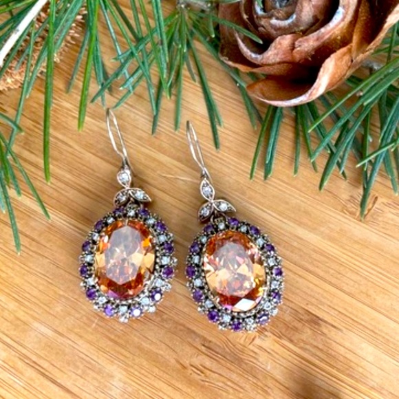 925 Sterling Silver, Orange Topaz, Drop/Dangle Earrings - Picture 8 of 9